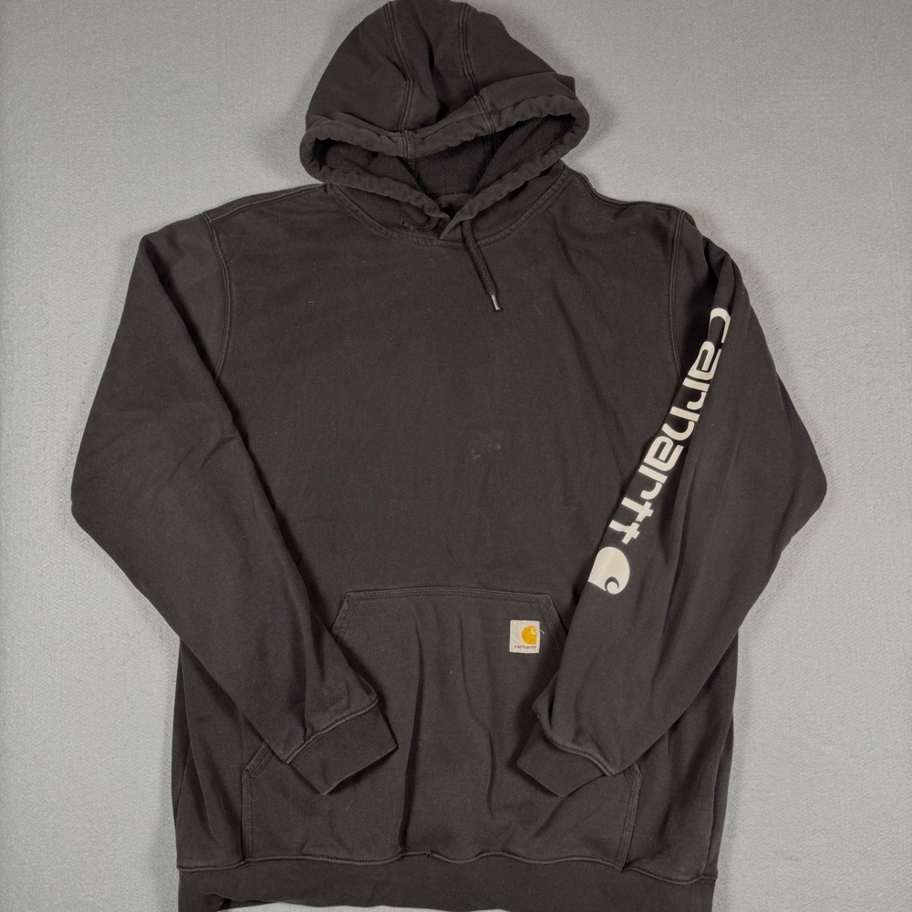 Carhartt Graphic Hoodie Mens XL Black Sleeve Logo Pullover Workwear Faded Sweat